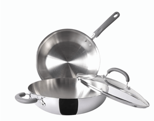 Meyer Trivantage Nickel Free Stainless Steel 3 Piece Cookware Set | Triply Cookware Set with Heavy Bottom | Induction base cookware set - 24cm Frying Pan + Kadai with Interchangeable Lid, Silver