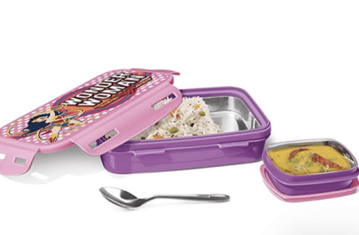 MILTON Steely Prime Insulated Inner Stainless Steel Small Tiffin Box, 400 ml, with Inner Container, 80 ml and Spoon, Purple | Food Grade | Easy to Carry | Easy to Clean | Leak Proof | Kids Lunch Box