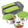 Milton Pasto Lunch Box 2 Double Wall Stainless Steel Containers with Denim Insulated Jacket, Set of 2, 350 ml, Green