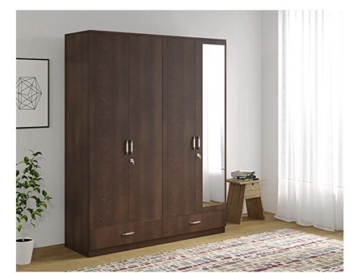 Nilkamal Mozart 4 Door Engineered Wood Wardrobe with Mirror, Locker, 2 Hanging Rod, Drawers & Shelves (Color - Walnut, Delivery Condition - Knock Down)