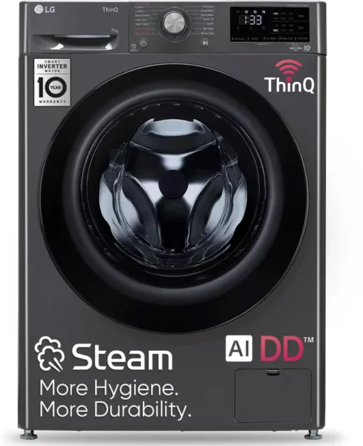 LG 7 kg 5 star AI Direct Drive Washer with Steam and ThinQWi-Fi Enabled Fully Automatic Front Load Washing Machine with In-built Heater Grey  (FHV1207Z4M)
