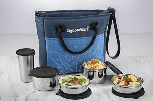 Signoraware Officer Stainless Steel Lunch Box with Blue Bag (380ml+380ml+500ml+500ml+370ml, Black) - Set of 5
