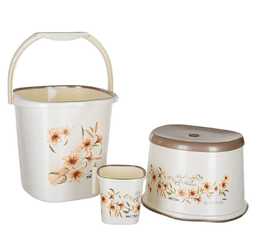 Nayasa Avekin Plastic Square Deluxe Bathroom Set of 3 (25 L, Off-White, 3-Pieces)