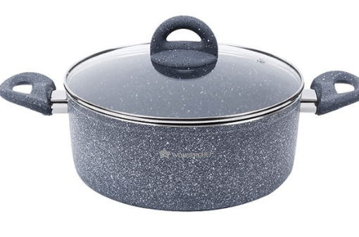 Wonderchef Granite 24 cm Non-Stick Casserole | Glass Lid |Induction Bottom | Soft-Touch Handles | Virgin Aluminium | PFOA and Heavy Metals Free | 3.5mm | 4 liters | 2 Year Warranty | Grey