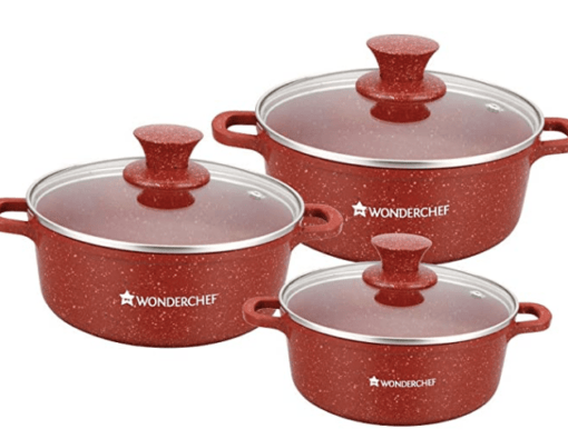Wonderchef Granite Die-Cast Non-Stick 6-Piece Casserole Set with Lids | Induction Bottom | Soft-Touch Handles | Virgin Grade Aluminium | PFOA and Heavy Metals Free| 3.5mm Thick | 2 Years Warranty | Red