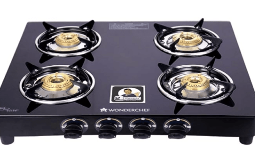 Wonderchef Ultima 4 Burner Manual Glass Cooktop | 6mm Toughened Glass Cooktop | Stainless Steel Drip tray | Anti-Skid Legs | Large Pan support | Manual Ignition | 360 degree Revolving Nozzle | Black steel frame | 2 Year Warranty | Black