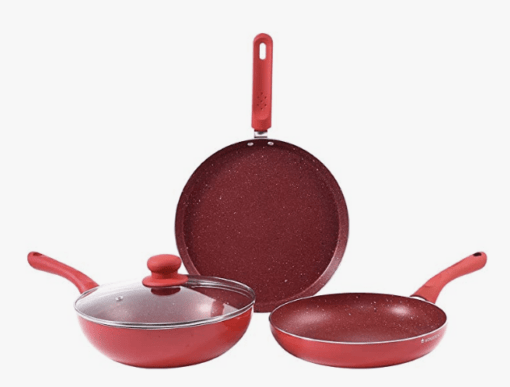 Wonderchef Royal Velvet Non-Stick 4 piece Cookware Set | Fry Pan With Lid, Wok and Dosa Tawa | Induction Bottom | Soft-Touch Handles | Virgin Grade Aluminium | PFOA and Heavy Metals Free | 2 Years Warranty | Red