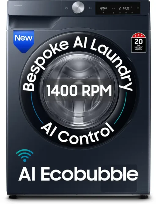 SAMSUNG 12 kg 5 Star, AI Control, AI Ecobubble, Super Speed, Wi-Fi, Hygiene Steam, Digital Inverter Motor Fully Automatic Front Load Washing Machine with In-built Heater Black, Blue  (WW12DG6B24ASTL)